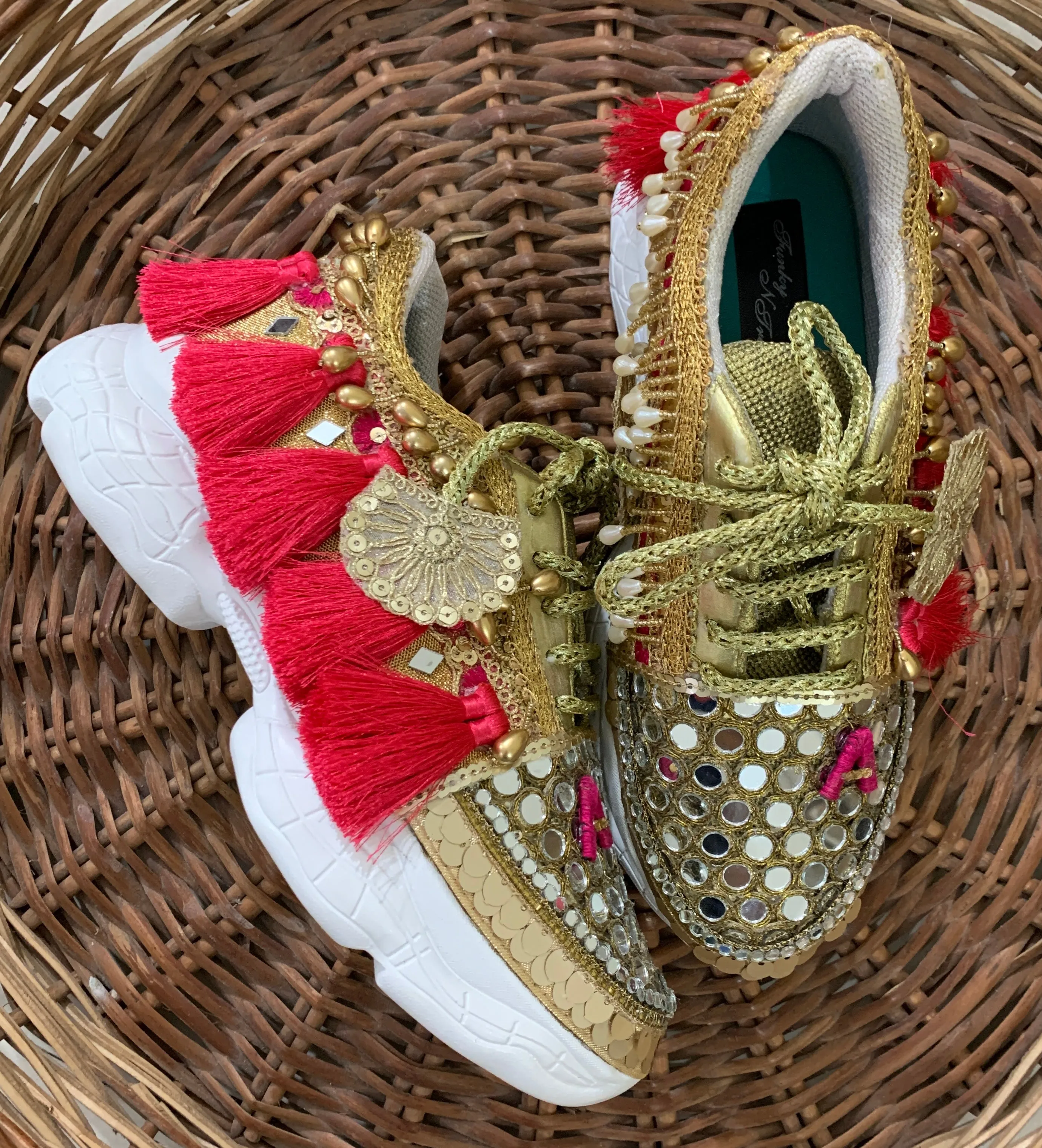 Funky N Trendy Red and Gold embroidery work bridal sneakers/ bridesmaid sneaker / golden sneakers/ Red sneakers / Red shoes / name initial customized shoes / tassel shoes