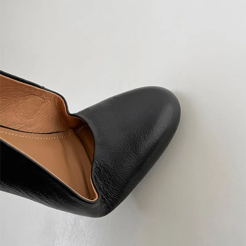 Genuine Leather Slip-on For Women Handmade Round Toe Flats in Black/Apricot/Brown