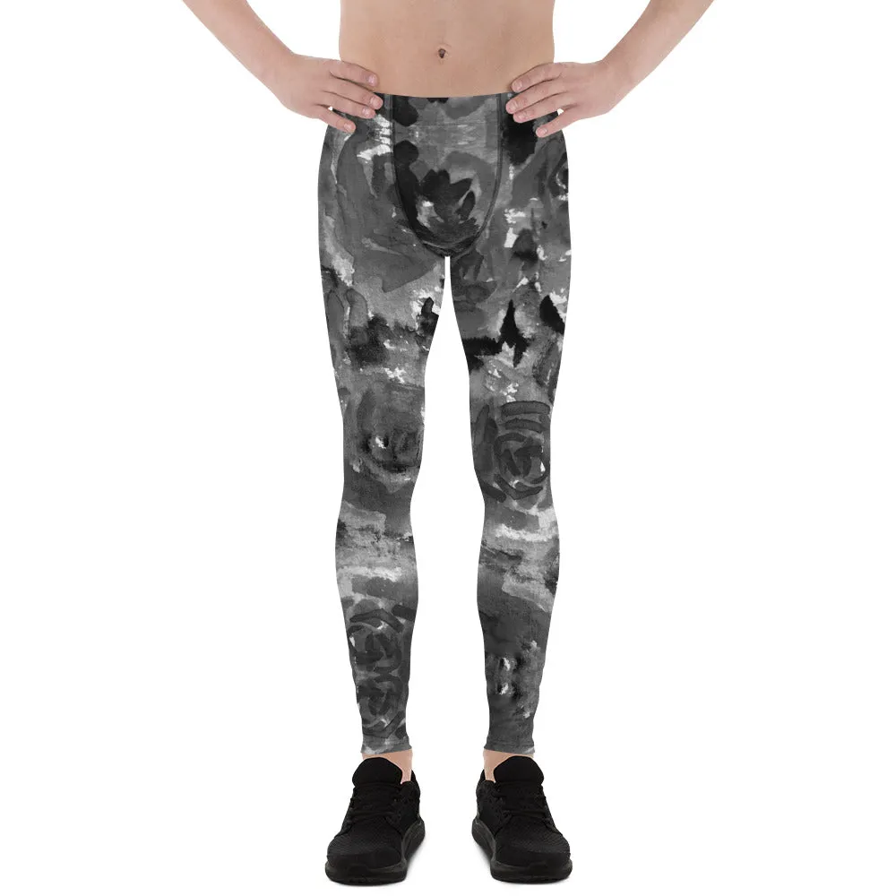 Gray Rose Men's Leggings, Floral Print Abstract Meggings Running Tights-Made in USA/EU