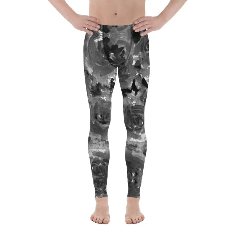 Gray Rose Men's Leggings, Floral Print Abstract Meggings Running Tights-Made in USA/EU