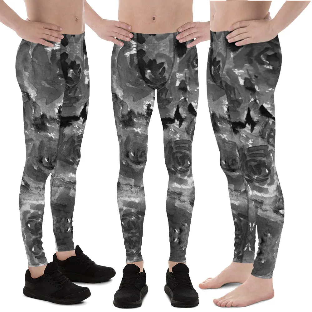 Gray Rose Men's Leggings, Floral Print Abstract Meggings Running Tights-Made in USA/EU