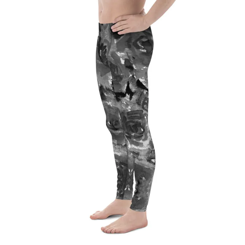 Gray Rose Men's Leggings, Floral Print Abstract Meggings Running Tights-Made in USA/EU