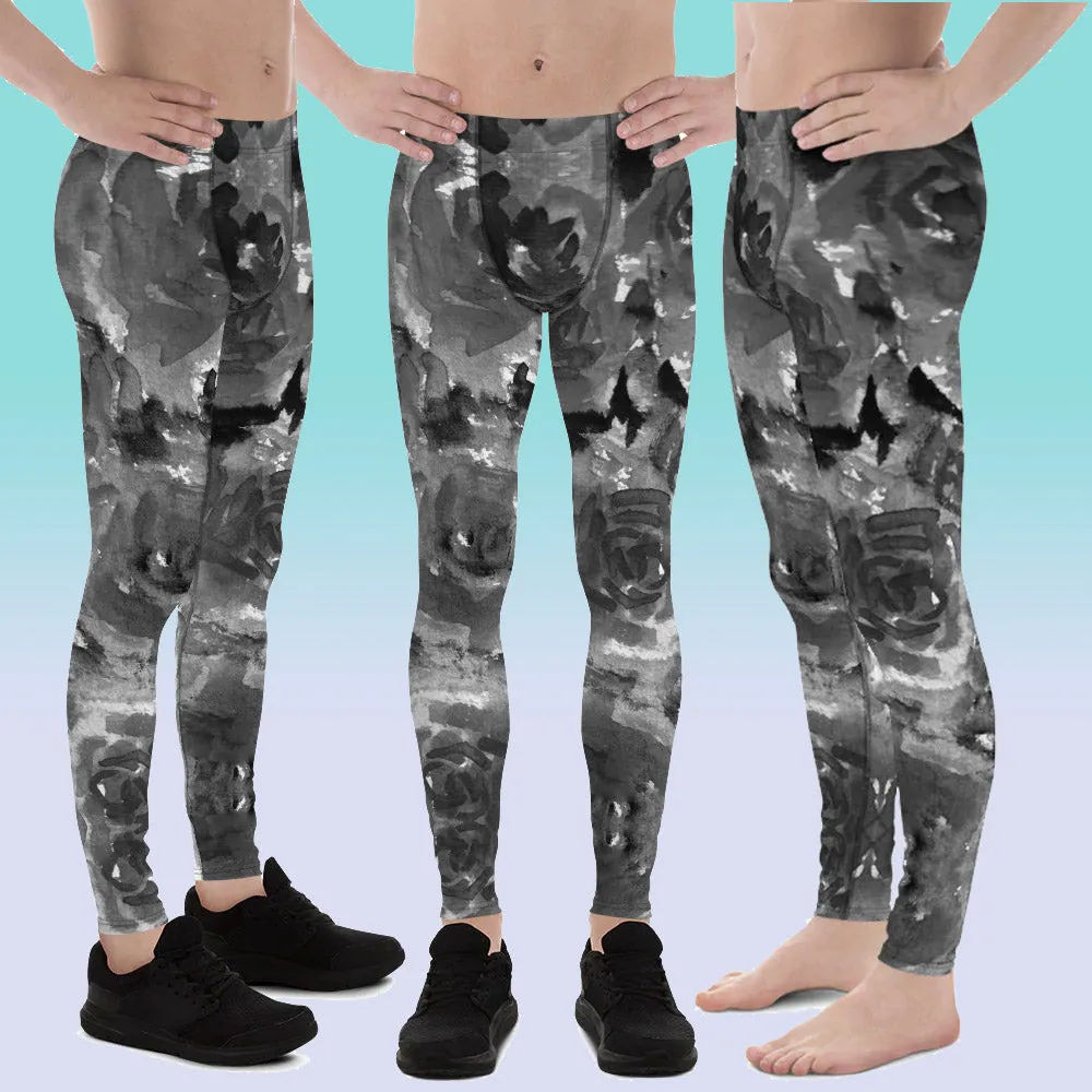 Gray Rose Men's Leggings, Floral Print Abstract Meggings Running Tights-Made in USA/EU