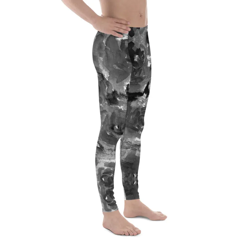 Gray Rose Men's Leggings, Floral Print Abstract Meggings Running Tights-Made in USA/EU