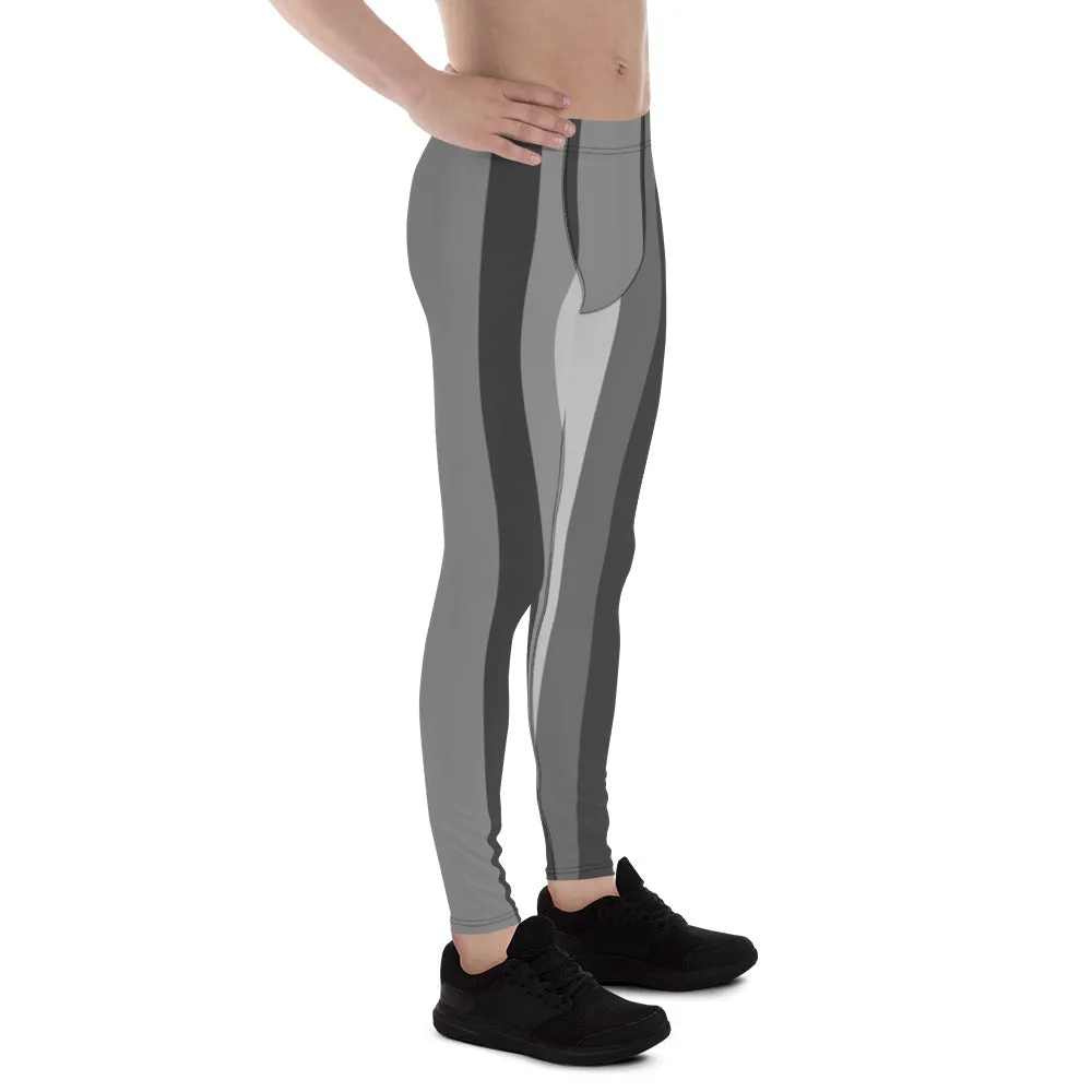 Gray Striped Men's Tights, Grey Stripes Men's Running Leggings & Run Tights Meggings Activewear- Made in USA/EU