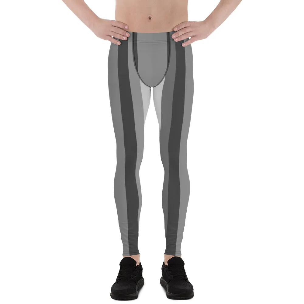 Gray Striped Men's Tights, Grey Stripes Men's Running Leggings & Run Tights Meggings Activewear- Made in USA/EU