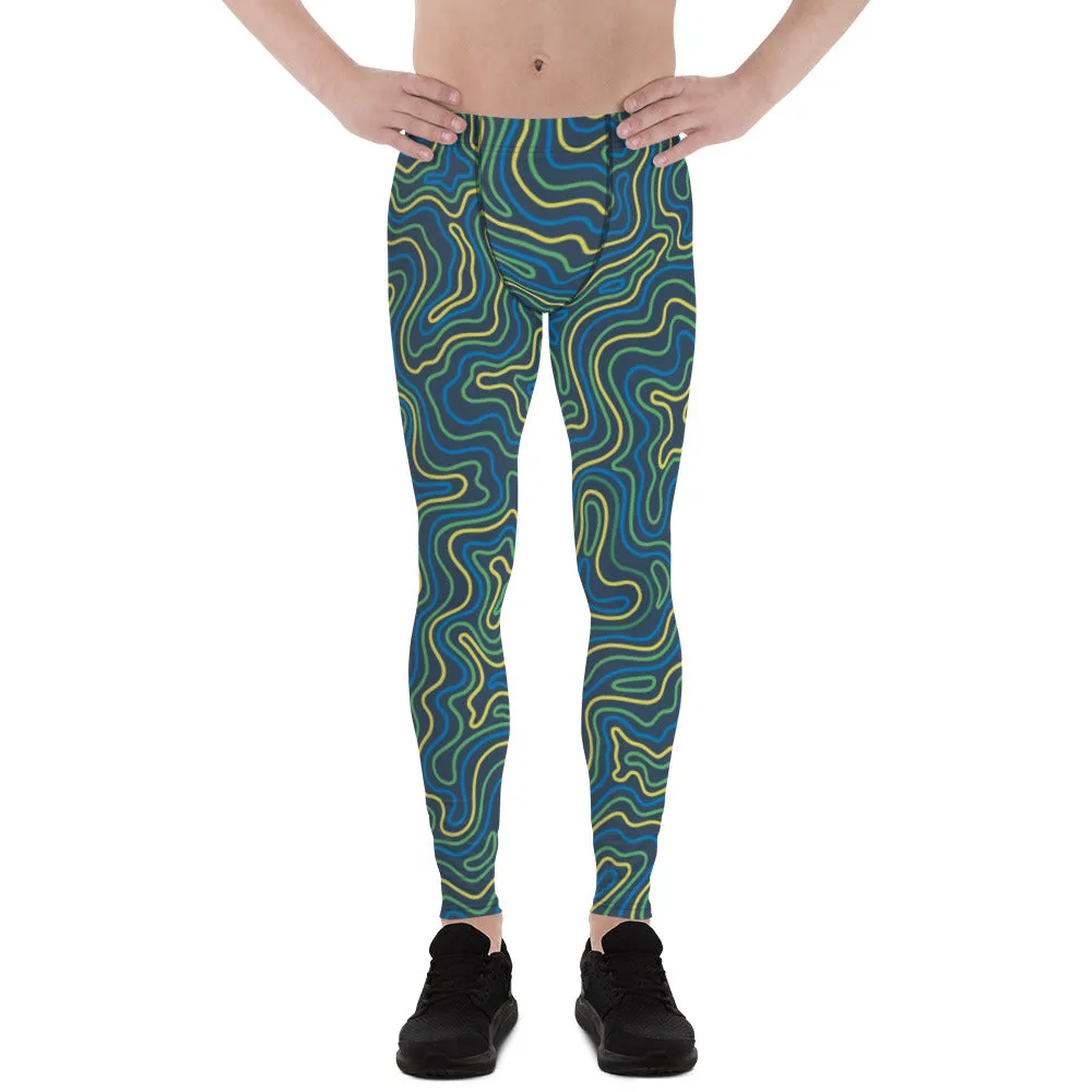 Green Abstract Printed Men's Leggings, Green Yellow Multicolored Abstract Printed Sexy Meggings - Made in USA/EU/MX