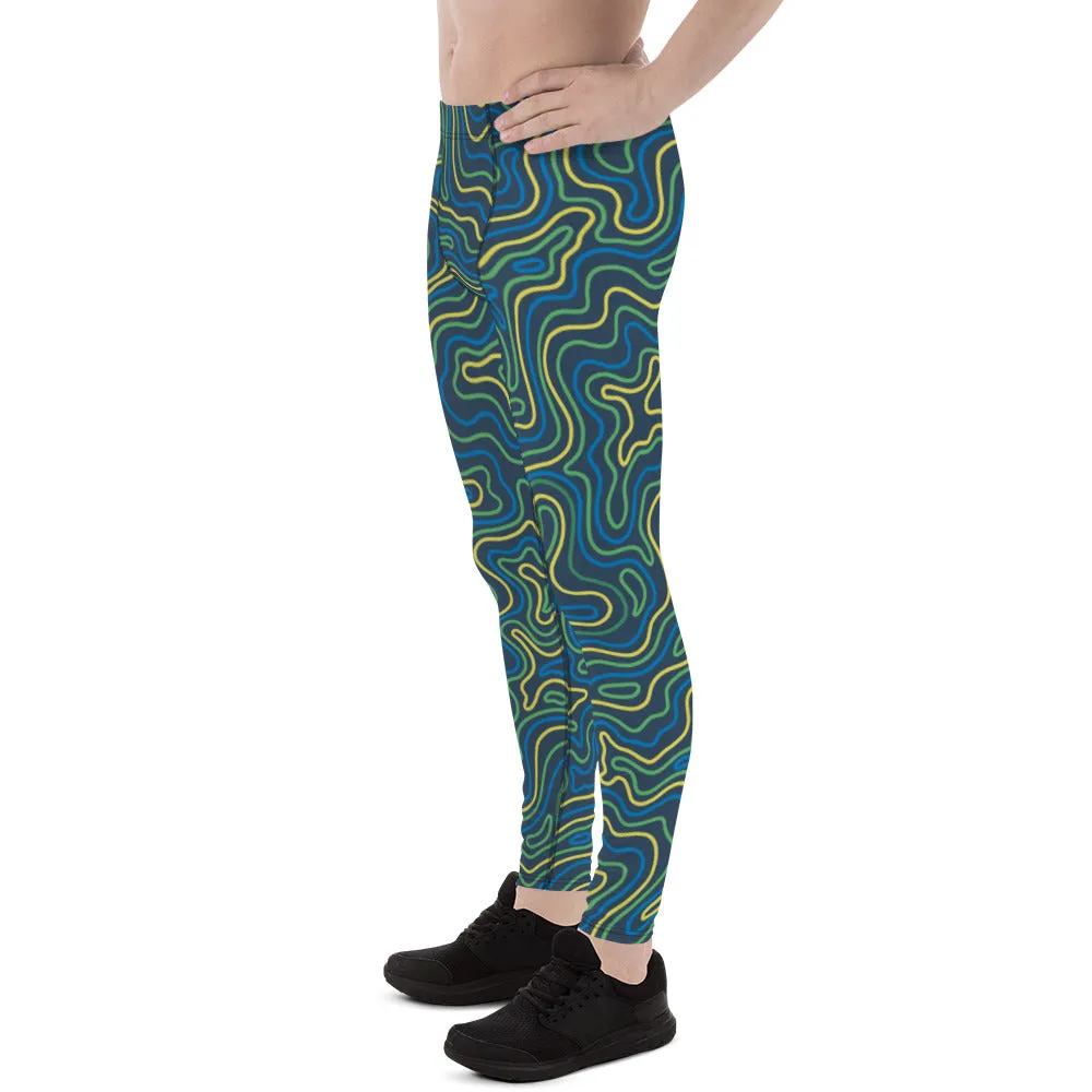 Green Abstract Printed Men's Leggings, Green Yellow Multicolored Abstract Printed Sexy Meggings - Made in USA/EU/MX