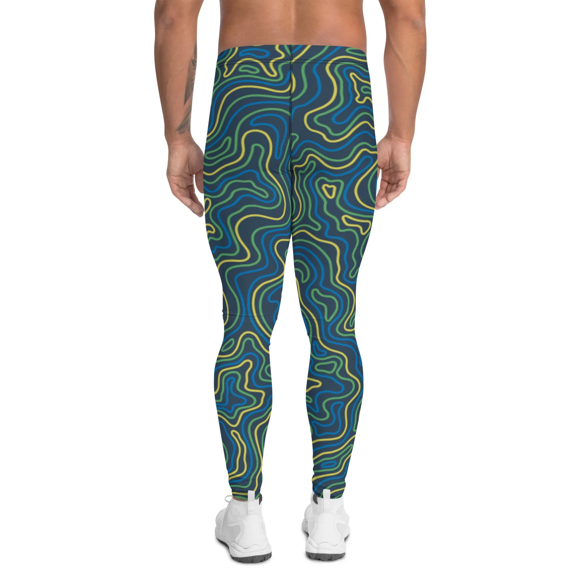 Green Abstract Printed Men's Leggings, Green Yellow Multicolored Abstract Printed Sexy Meggings - Made in USA/EU/MX