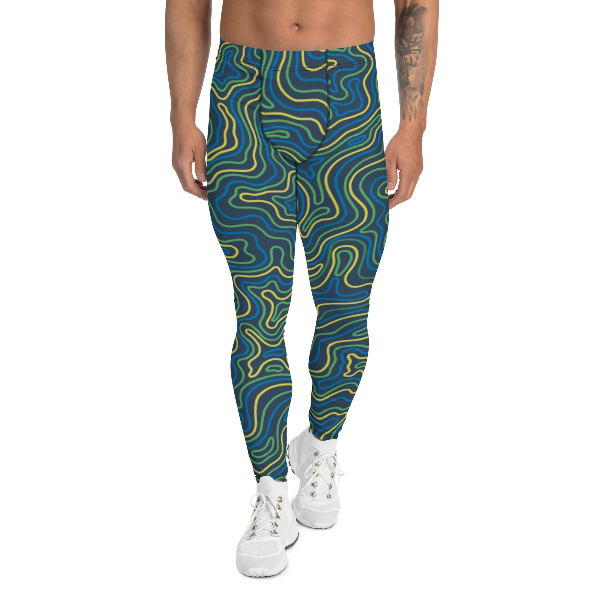 Green Abstract Printed Men's Leggings, Green Yellow Multicolored Abstract Printed Sexy Meggings - Made in USA/EU/MX