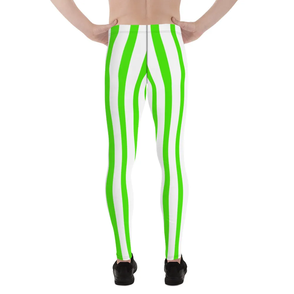 Green & White Striped Meggings, Green Stripes Men's Running Leggings & Run Tights Meggings Activewear