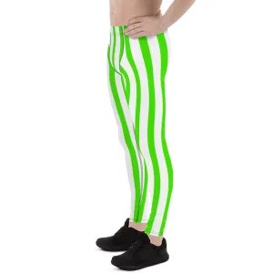 Green & White Striped Meggings, Green Stripes Men's Running Leggings & Run Tights Meggings Activewear