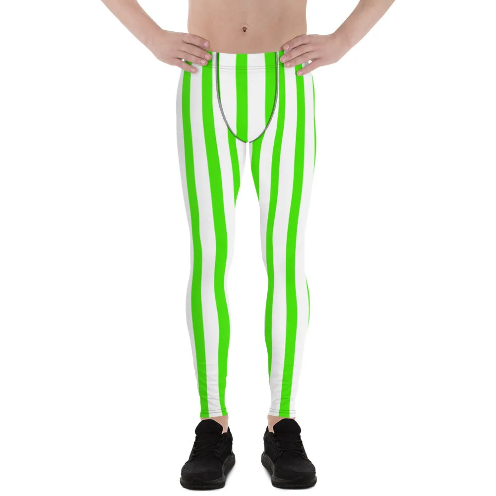 Green & White Striped Meggings, Green Stripes Men's Running Leggings & Run Tights Meggings Activewear