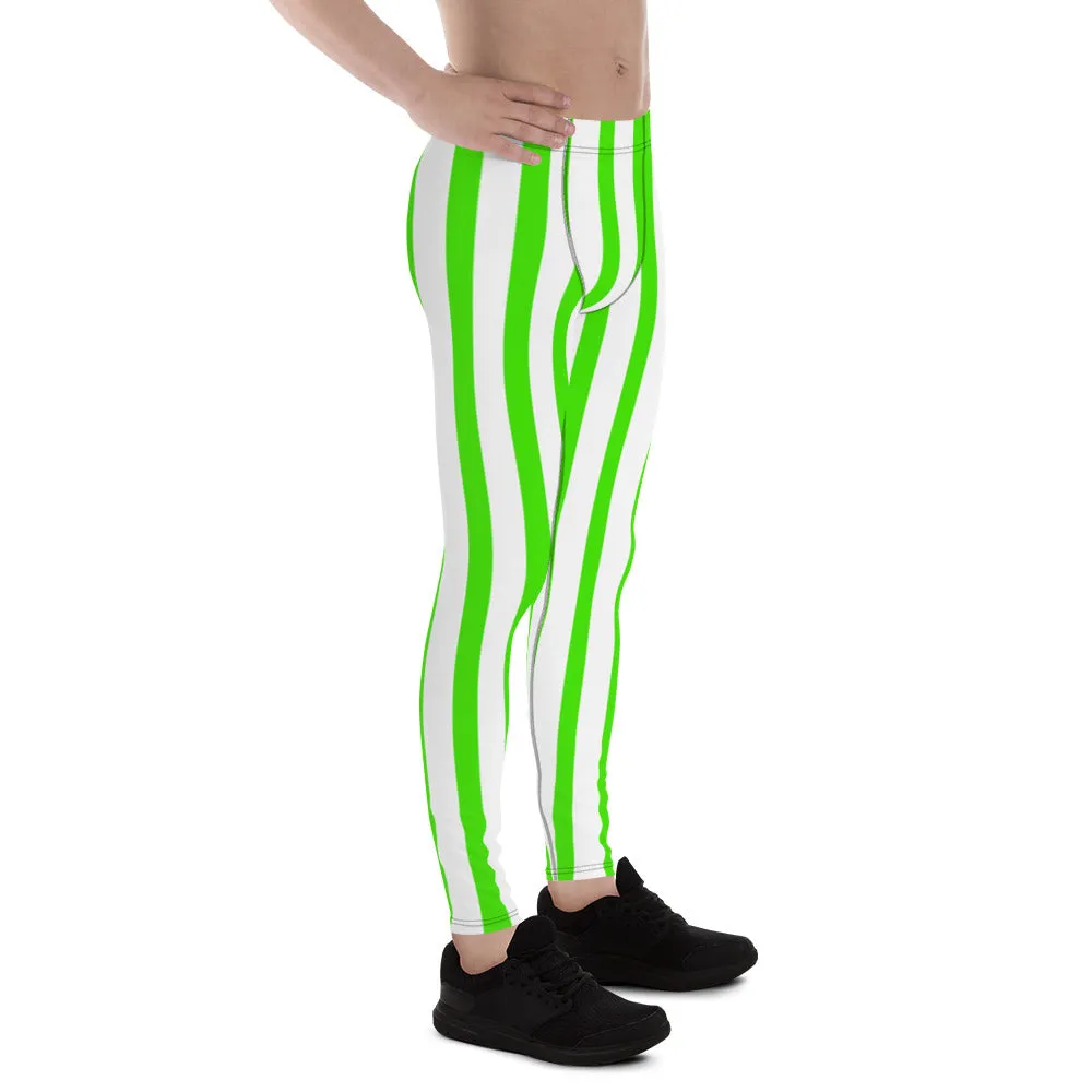 Green & White Striped Meggings, Green Stripes Men's Running Leggings & Run Tights Meggings Activewear