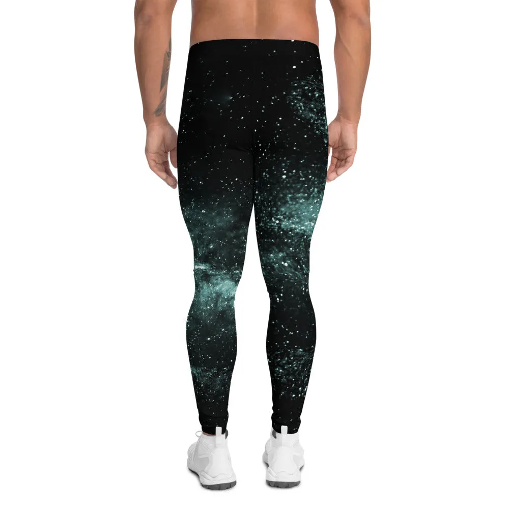 Green Black Galaxy Men's Leggings, Universe Abstract Meggings Compression Tights-Made in USA/EU