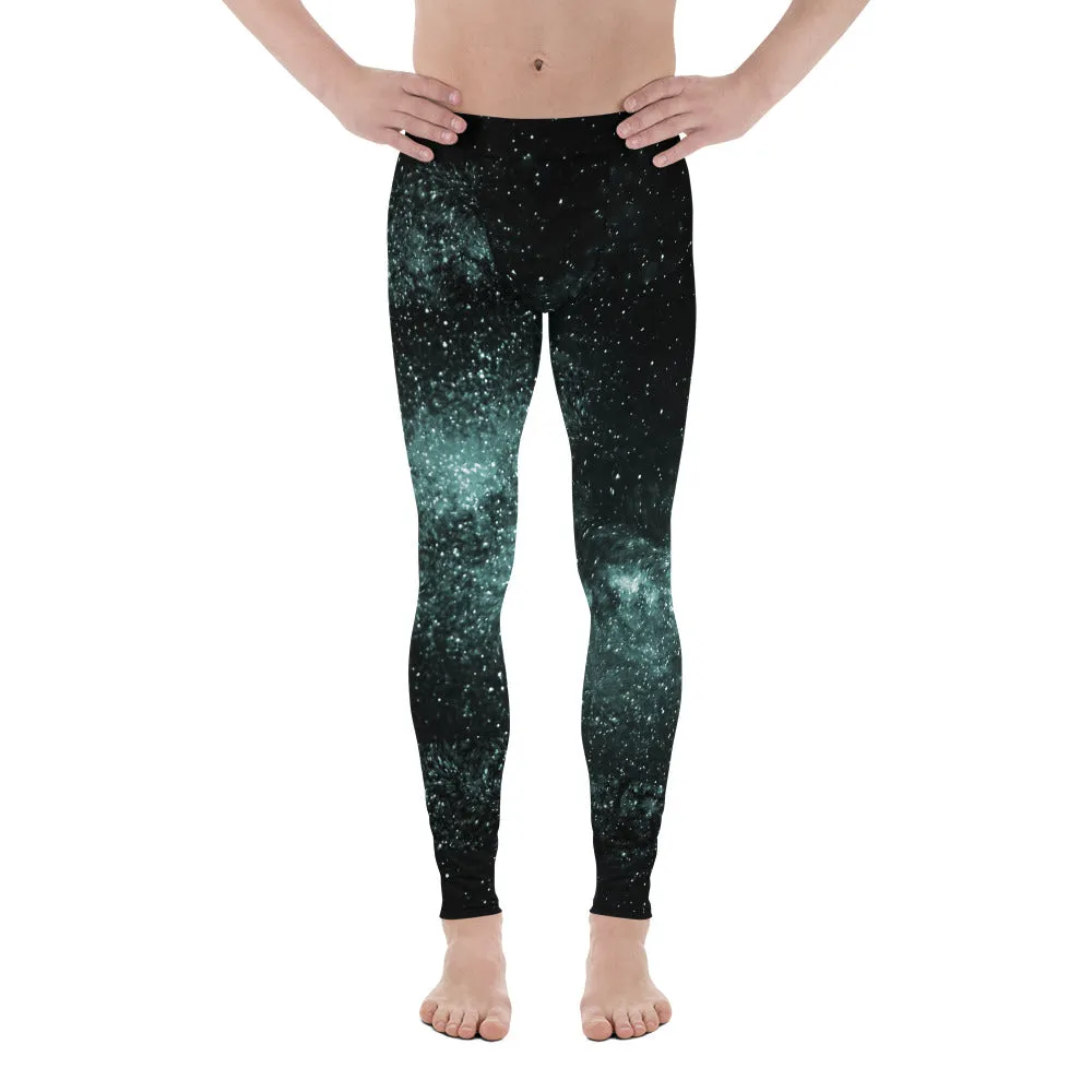 Green Black Galaxy Men's Leggings, Universe Abstract Meggings Compression Tights-Made in USA/EU