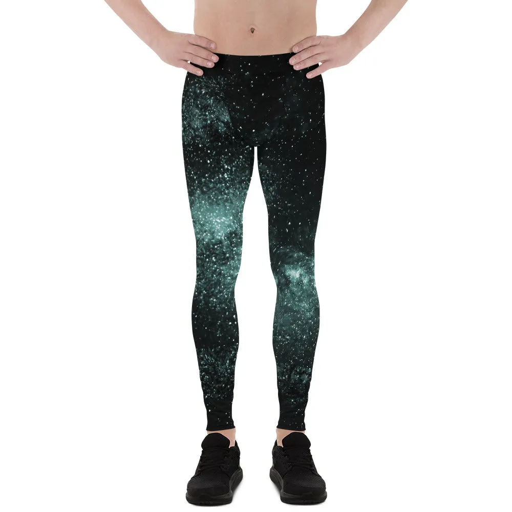 Green Black Galaxy Men's Leggings, Universe Abstract Meggings Compression Tights-Made in USA/EU