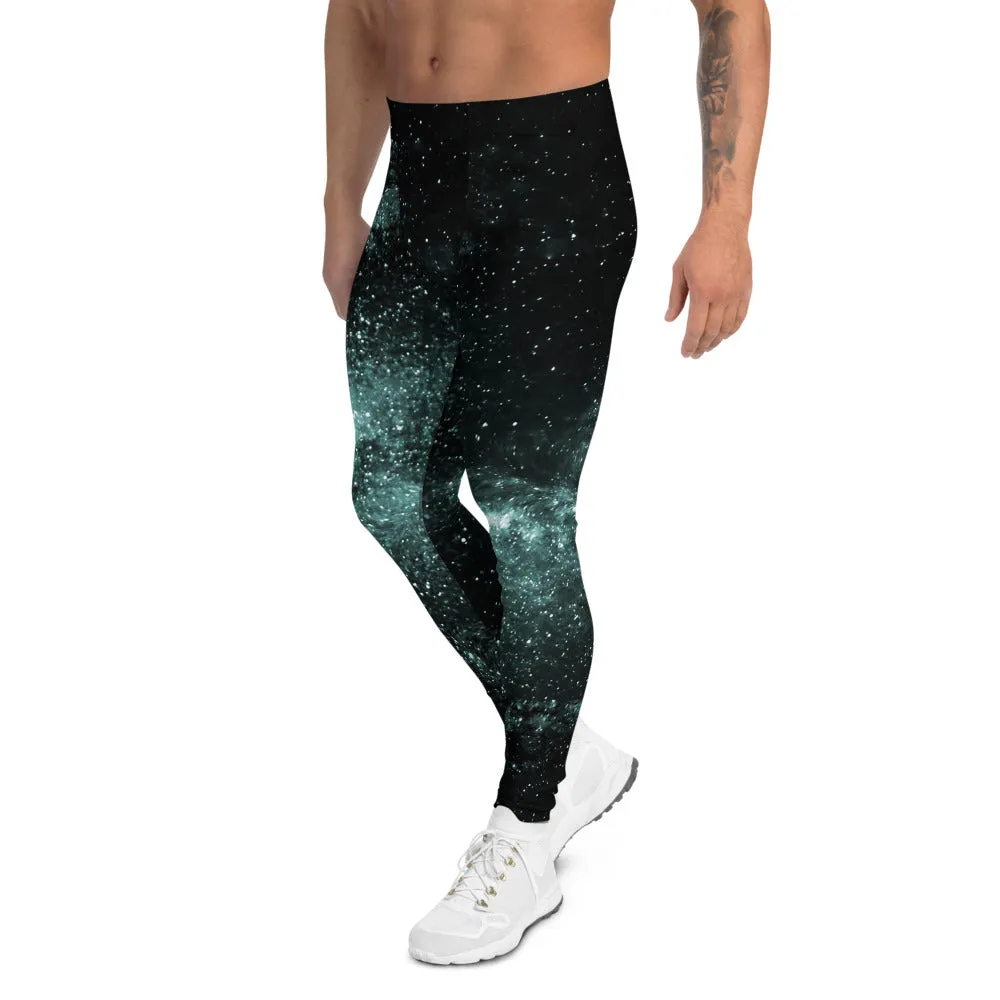 Green Black Galaxy Men's Leggings, Universe Abstract Meggings Compression Tights-Made in USA/EU