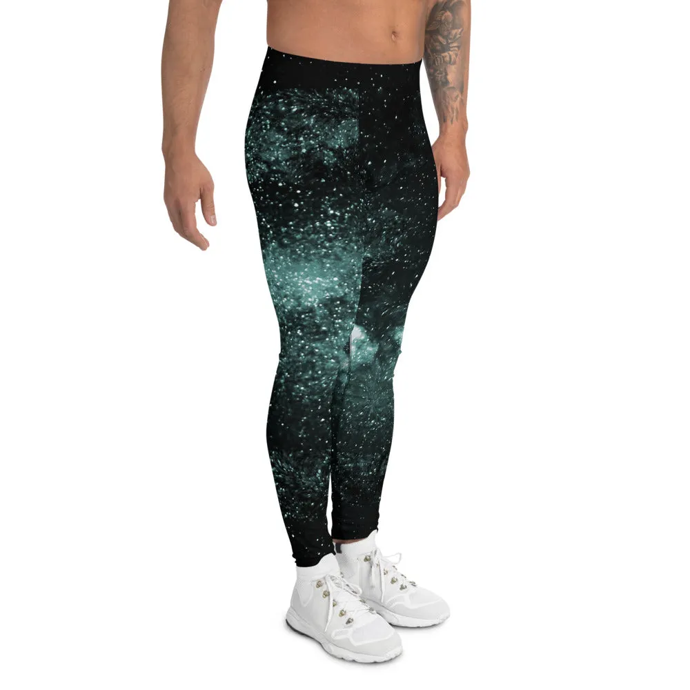 Green Black Galaxy Men's Leggings, Universe Abstract Meggings Compression Tights-Made in USA/EU