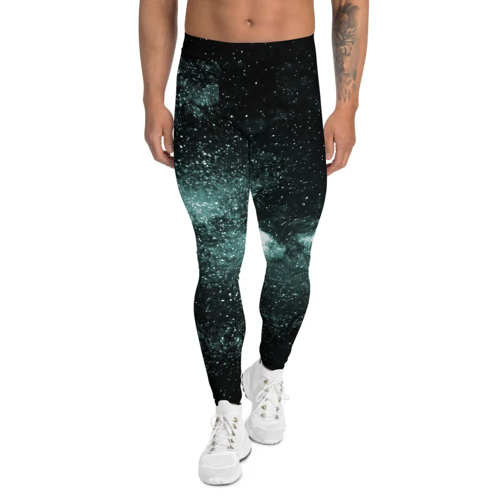 Green Black Galaxy Men's Leggings, Universe Abstract Meggings Compression Tights-Made in USA/EU