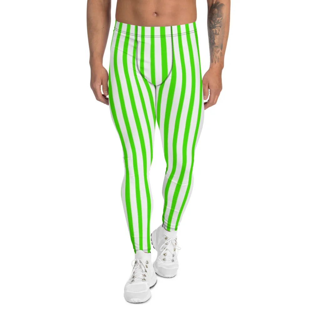 Green Striped Men's Leggings, White Green Vertical Stripes Circus Meggings-Made in USA/EU/MX