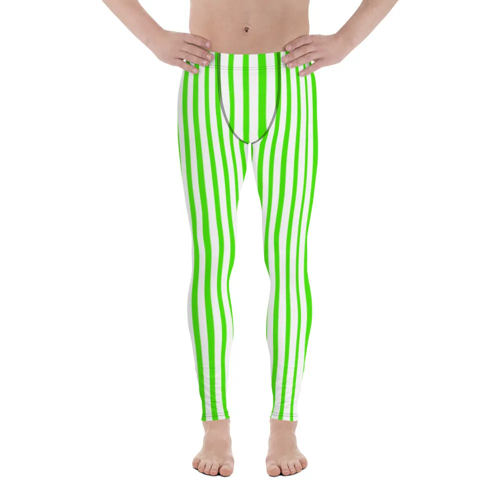 Green Striped Men's Leggings, White Green Vertical Stripes Circus Meggings-Made in USA/EU/MX