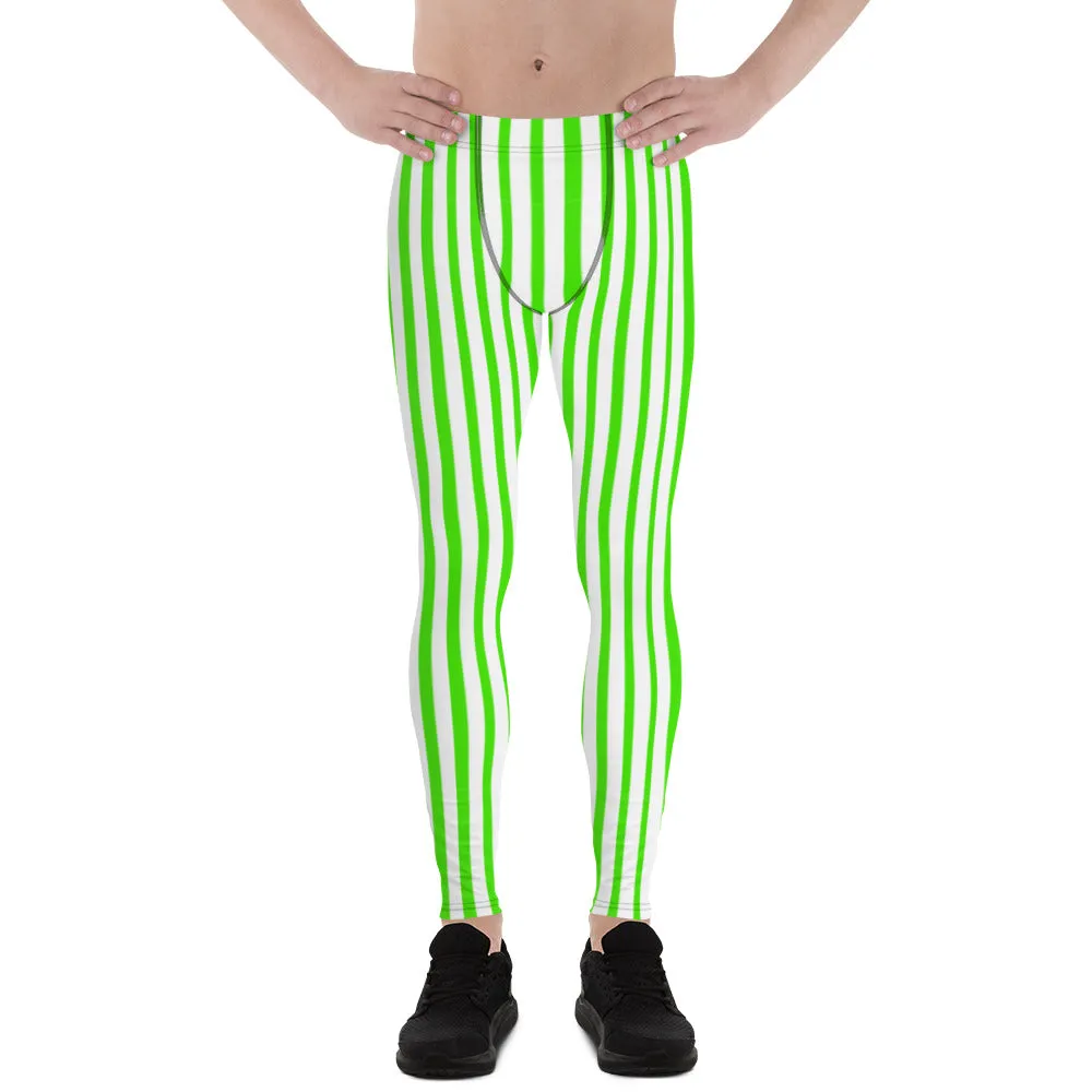 Green Striped Men's Leggings, White Green Vertical Stripes Circus Meggings-Made in USA/EU/MX