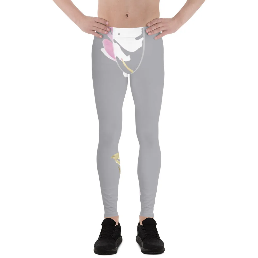 Grey Floral Print Men's Leggings, Flower Printed Designer Meggings Compression Tights-Made in USA/EU/MX