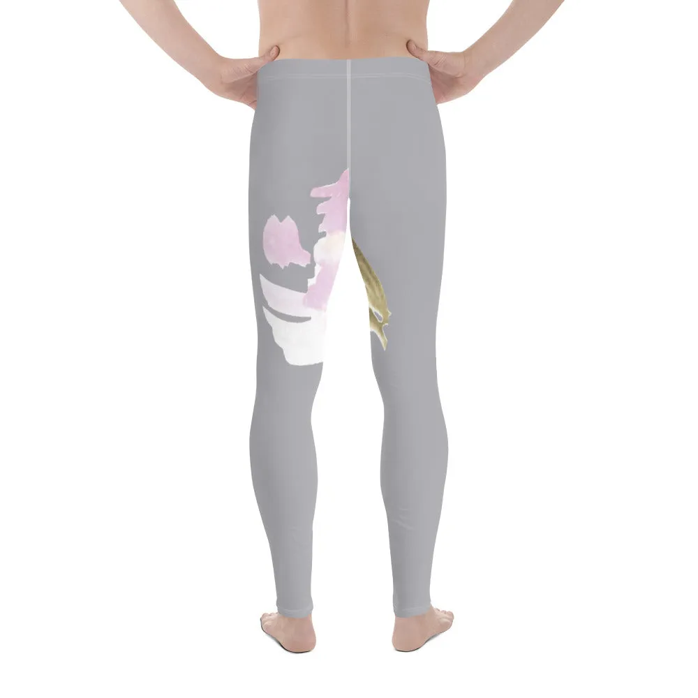 Grey Floral Print Men's Leggings, Flower Printed Designer Meggings Compression Tights-Made in USA/EU/MX