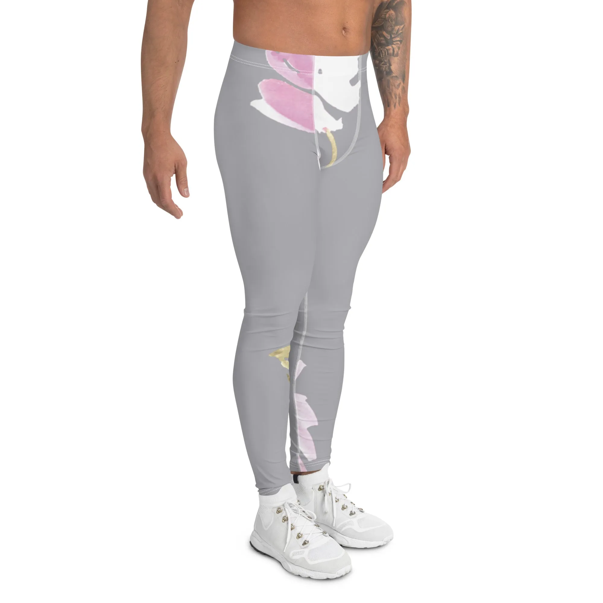 Grey Floral Print Men's Leggings, Flower Printed Designer Meggings Compression Tights-Made in USA/EU/MX