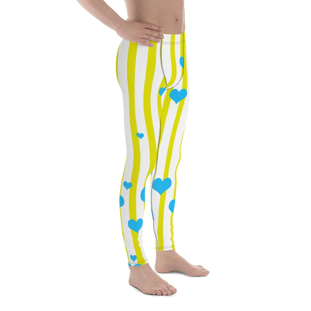 Heart Shaped Striped Meggings, Best Love Yellow Blue Hearts Men's Running Leggings & Run Tights Meggings Activewear