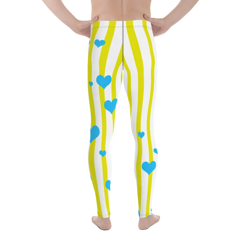 Heart Shaped Striped Meggings, Best Love Yellow Blue Hearts Men's Running Leggings & Run Tights Meggings Activewear