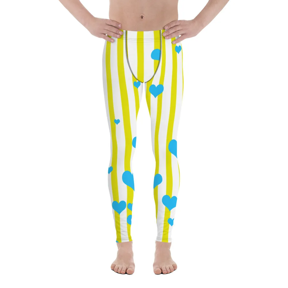 Heart Shaped Striped Meggings, Best Love Yellow Blue Hearts Men's Running Leggings & Run Tights Meggings Activewear