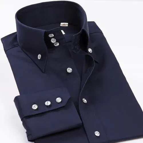 High Collar Shirt Men's Solid Color Long Sleeve Silk Slippery Non Iron Wrinkle Resistant Slightly Elastic Shirt Fashion