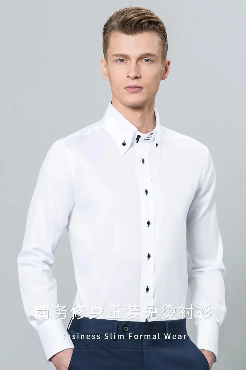 High Collar Shirt Men's Solid Color Long Sleeve Silk Slippery Non Iron Wrinkle Resistant Slightly Elastic Shirt Fashion