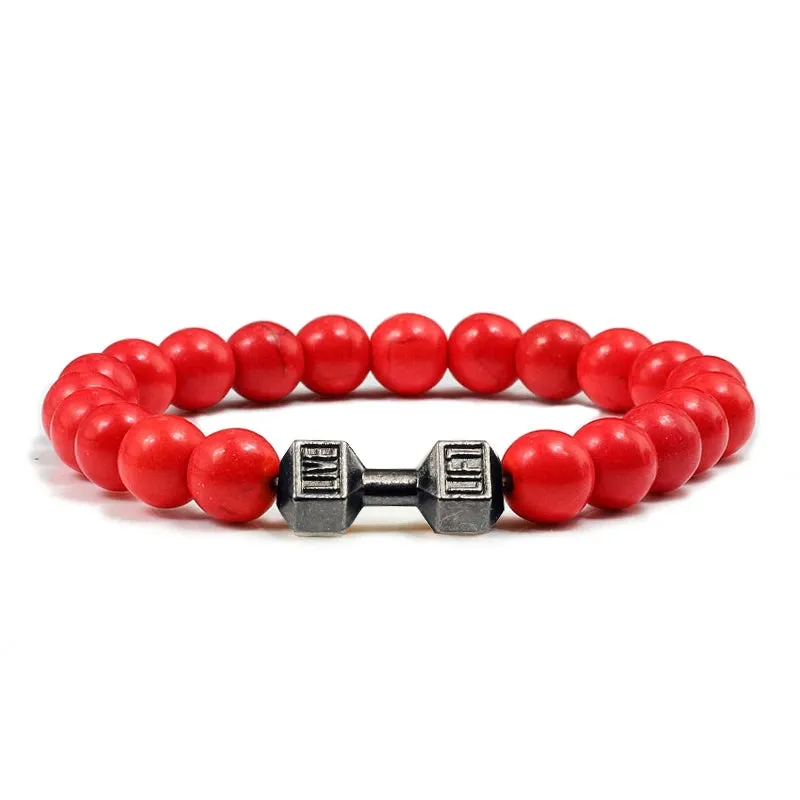 JC - Volcanic Stone Bracelet: Matte black lava and white beads with dumbbell charm for fitness lovers