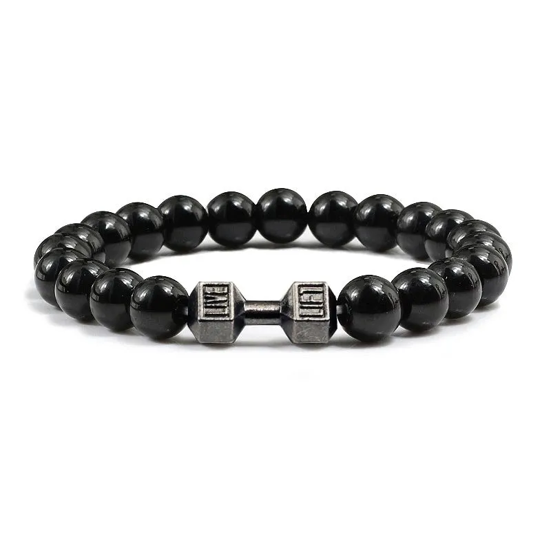 JC - Volcanic Stone Bracelet: Matte black lava and white beads with dumbbell charm for fitness lovers