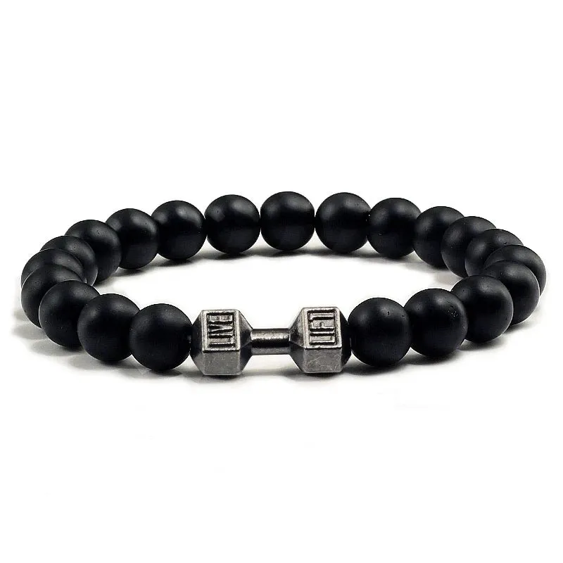 JC - Volcanic Stone Bracelet: Matte black lava and white beads with dumbbell charm for fitness lovers