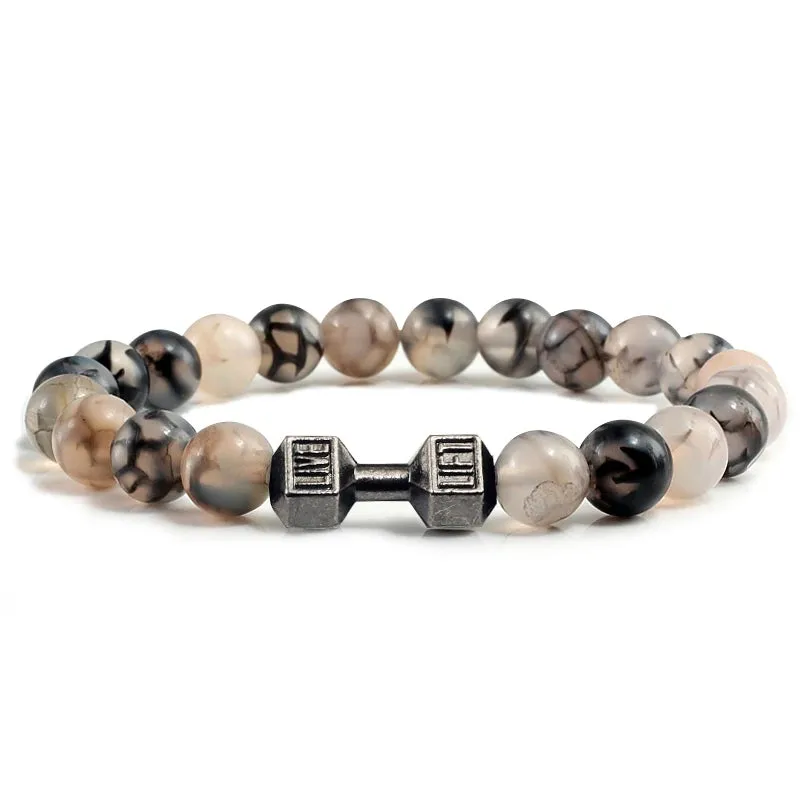 JC - Volcanic Stone Bracelet: Matte black lava and white beads with dumbbell charm for fitness lovers