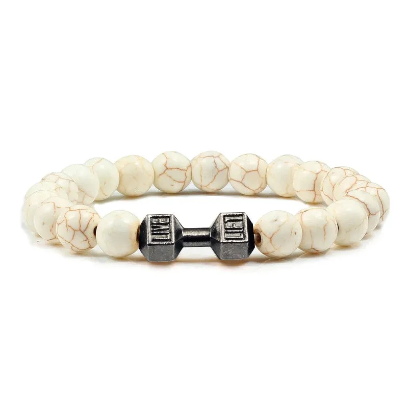 JC - Volcanic Stone Bracelet: Matte black lava and white beads with dumbbell charm for fitness lovers