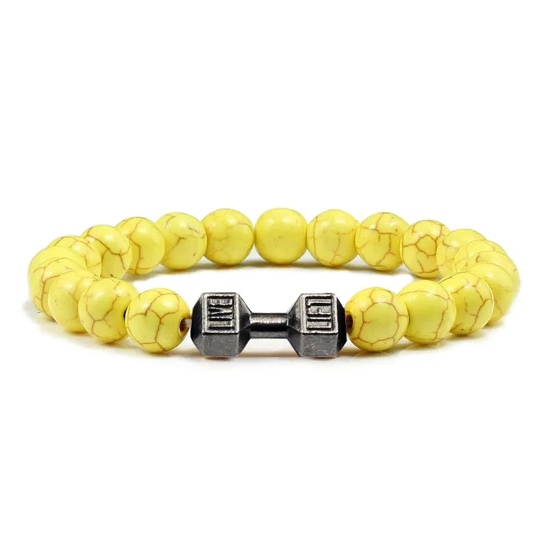 JC - Volcanic Stone Bracelet: Matte black lava and white beads with dumbbell charm for fitness lovers