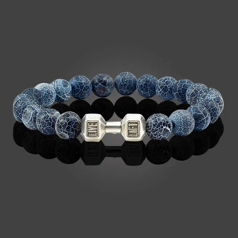 JC - Volcanic Stone Bracelet: Matte black lava and white beads with dumbbell charm for fitness lovers