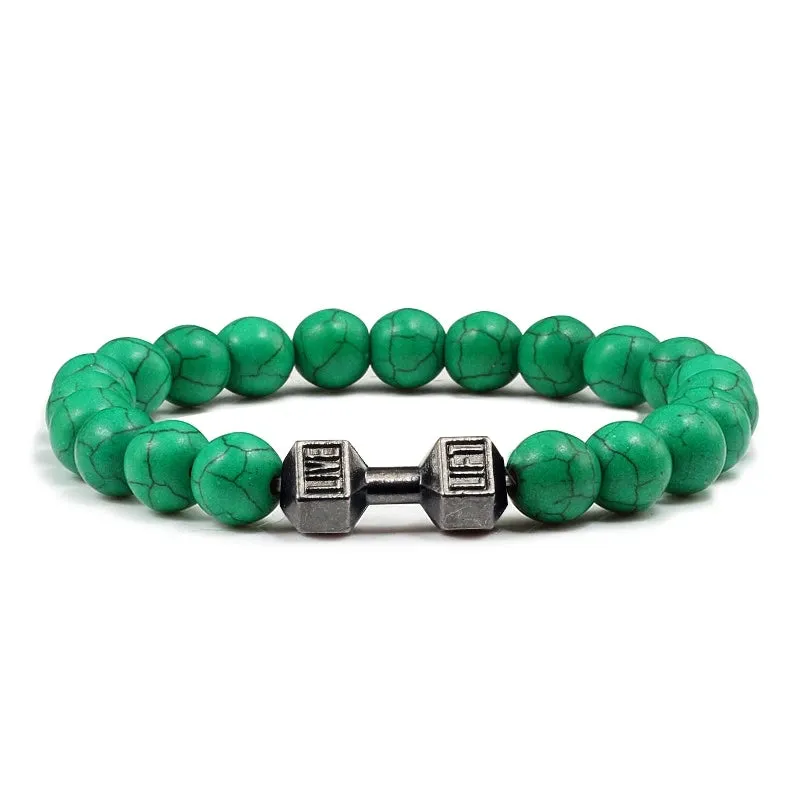 JC - Volcanic Stone Bracelet: Matte black lava and white beads with dumbbell charm for fitness lovers