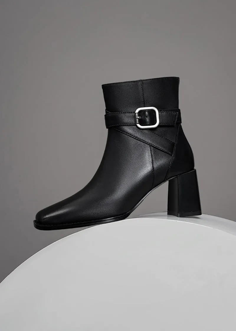 Judy Buckle Belted Block Heel Genuine Leather Boots