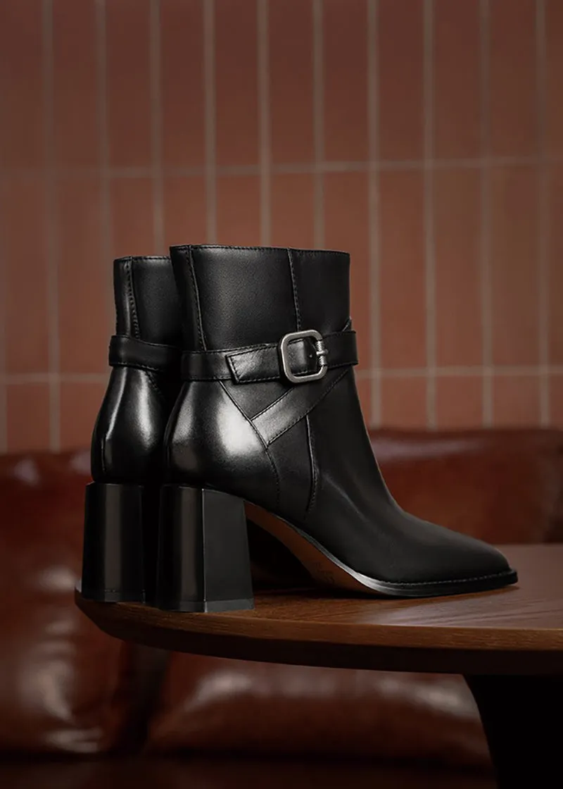 Judy Buckle Belted Block Heel Genuine Leather Boots