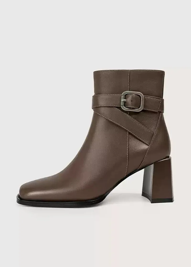 Judy Buckle Belted Block Heel Genuine Leather Boots