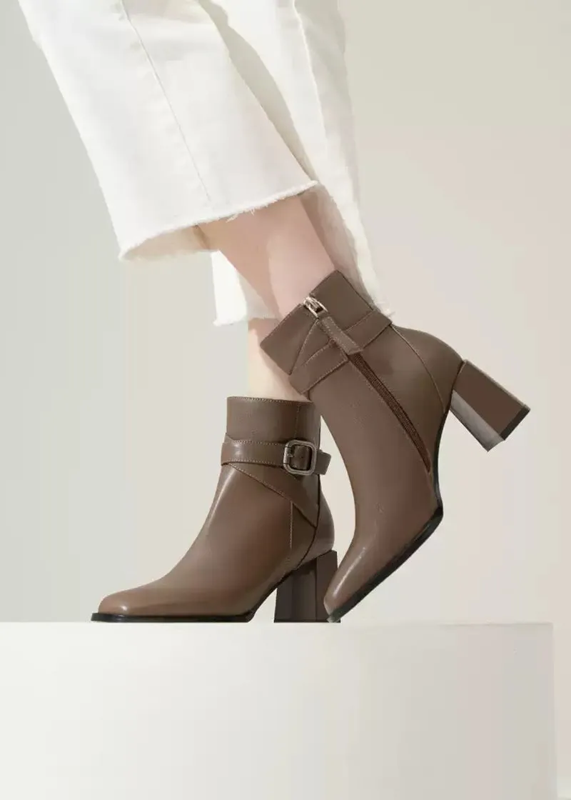 Judy Buckle Belted Block Heel Genuine Leather Boots