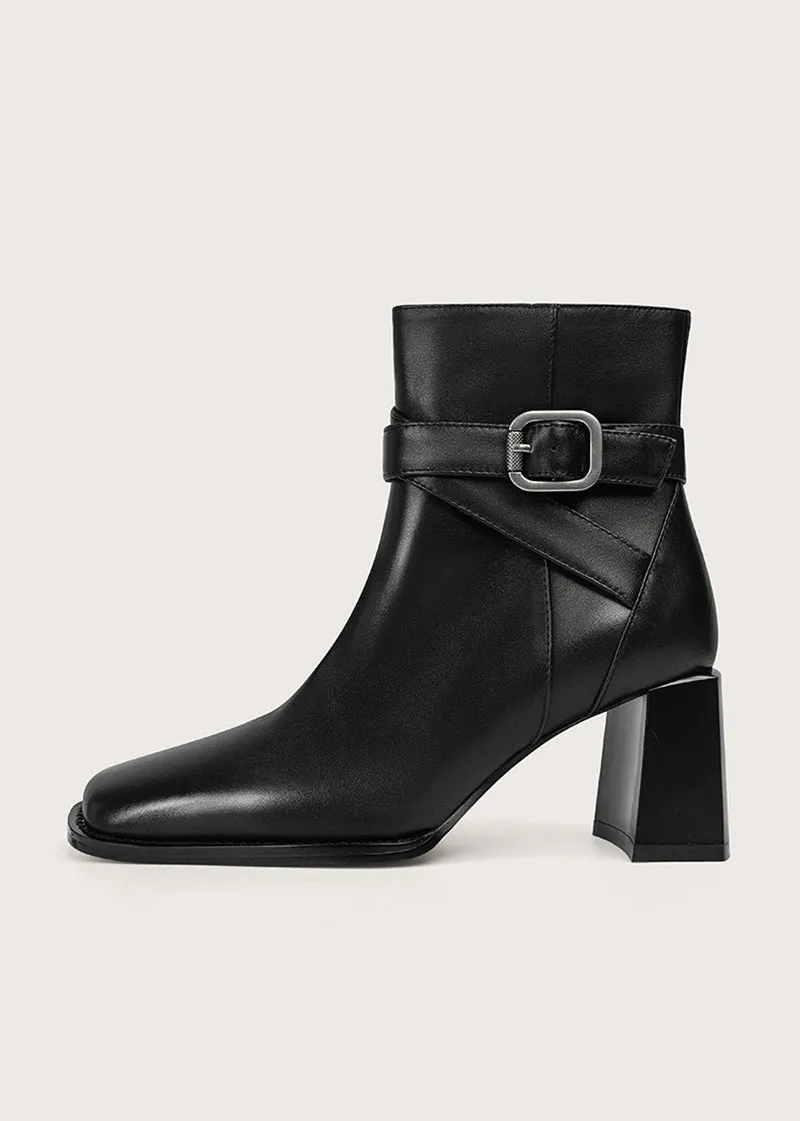 Judy Buckle Belted Block Heel Genuine Leather Boots