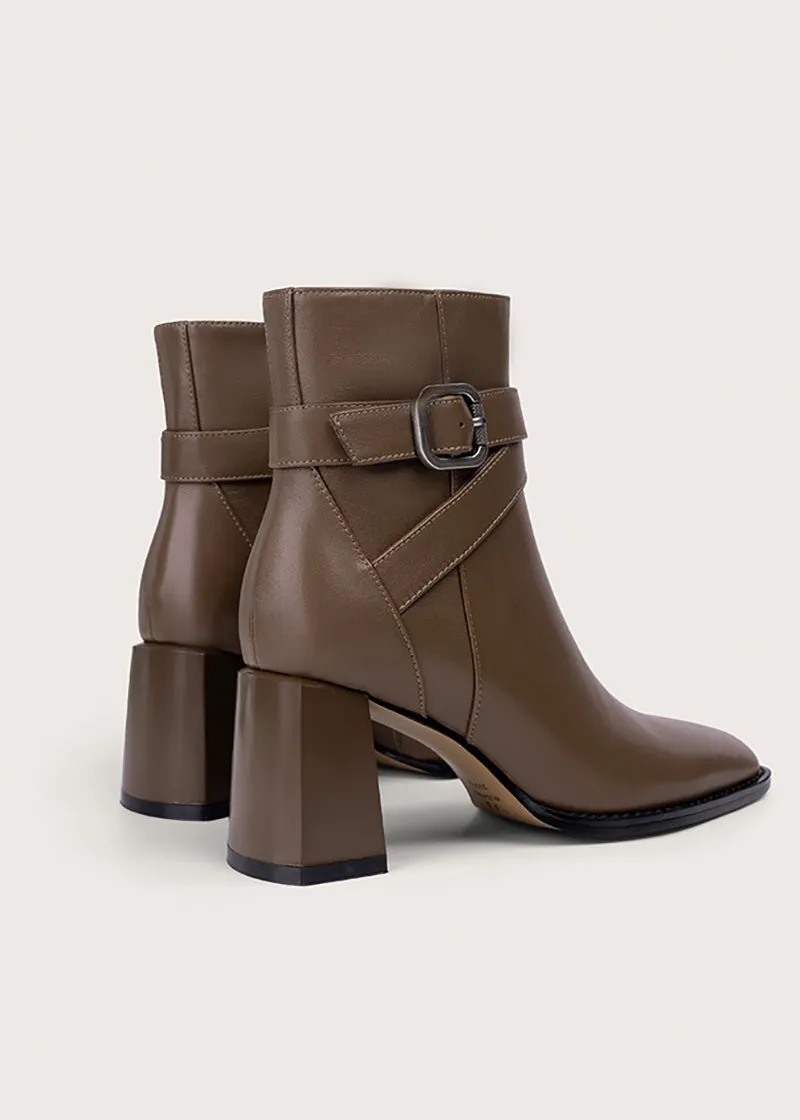 Judy Buckle Belted Block Heel Genuine Leather Boots