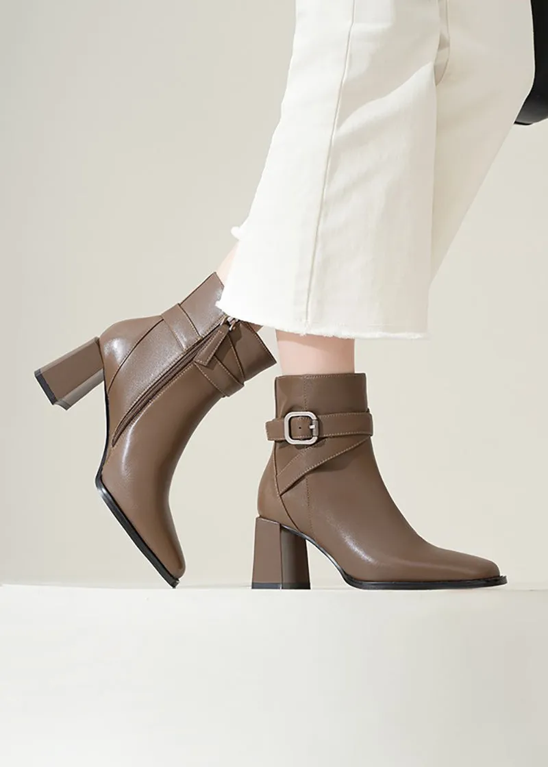 Judy Buckle Belted Block Heel Genuine Leather Boots